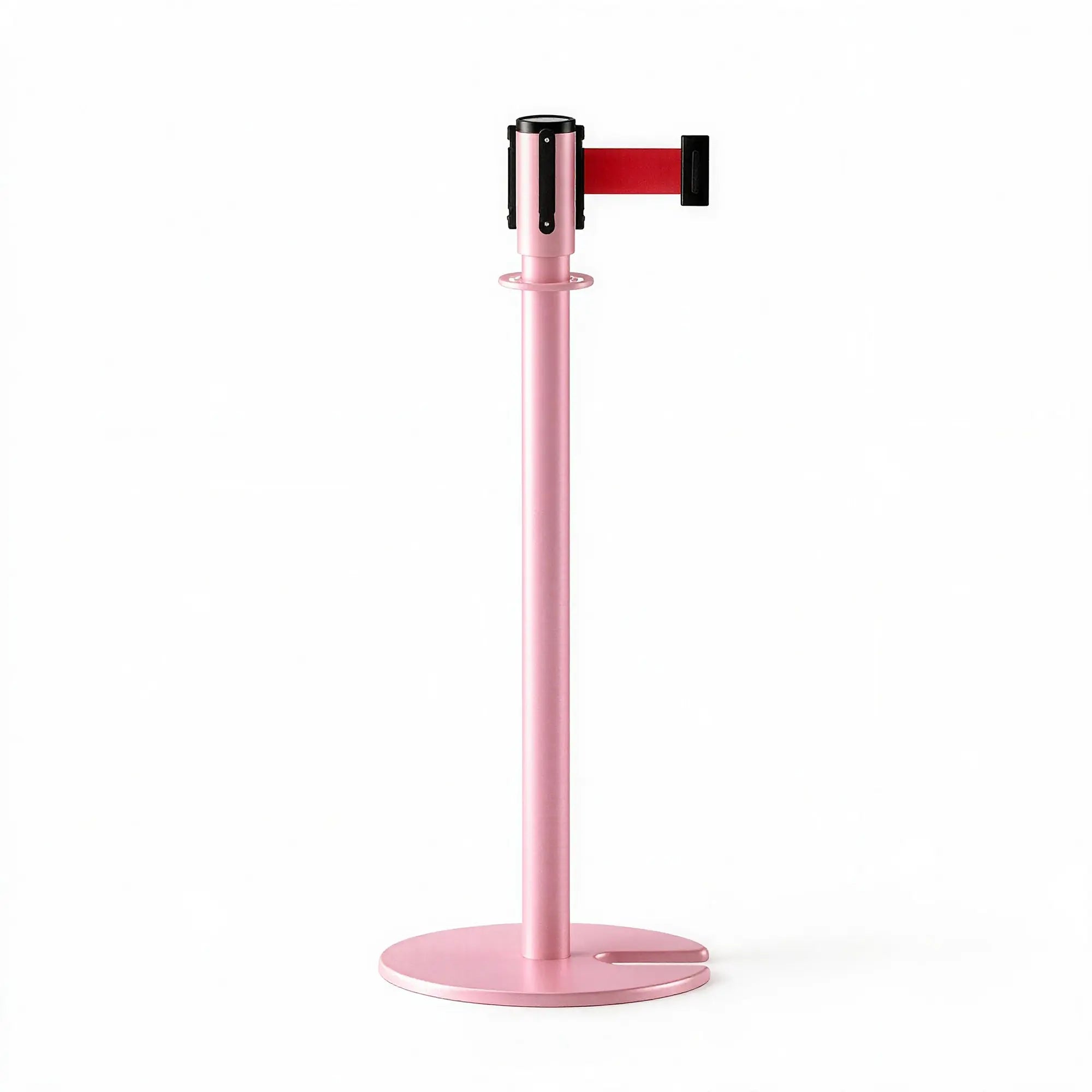 GROVIA Retractable Belt Barrier Post - 2m Belt Stanchion with Brushed Finish & U-Shaped Cast Iron Base for Queue Management - Pink