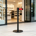 GROVIA Retractable Belt Barrier Post - 2m Belt Stanchion with Brushed Finish & U-Shaped Cast Iron Base for Queue Management - Black