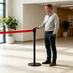 GROVIA Retractable Belt Barrier Post - 2m Belt Stanchion with Brushed Finish & U-Shaped Cast Iron Base for Queue Management - Black