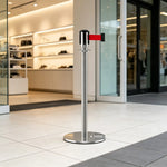 GROVIA Retractable Belt Barrier Post - 2m Belt Stanchion with Brushed Finish & U-Shaped Cast Iron Base for Queue Management - Silver
