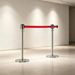 GROVIA Retractable Belt Barrier Post - 2m Belt Stanchion with Brushed Finish & U-Shaped Cast Iron Base for Queue Management - Silver