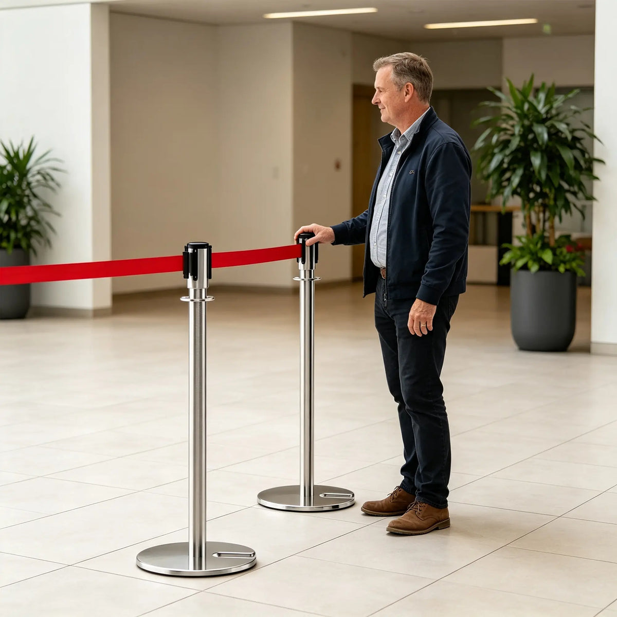 GROVIA Retractable Belt Barrier Post - 2m Belt Stanchion with Brushed Finish & U-Shaped Cast Iron Base for Queue Management - Silver