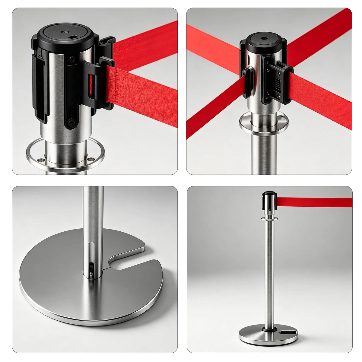 GROVIA Retractable Belt Barrier Post - 2m Belt Stanchion with Brushed Finish & U-Shaped Cast Iron Base for Queue Management - Silver