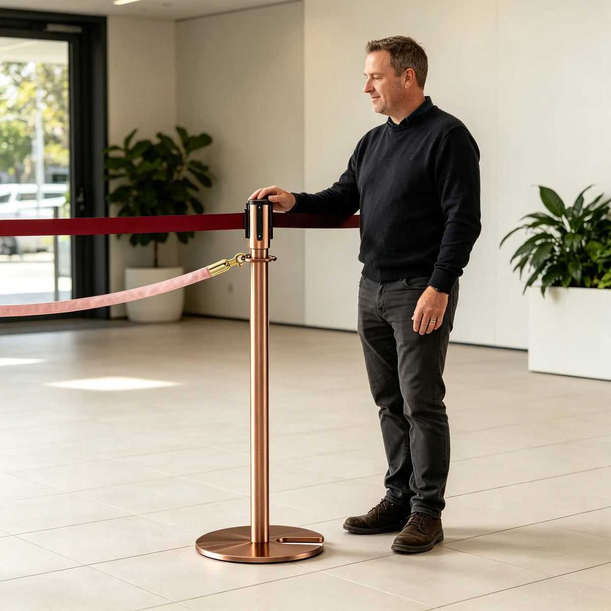 GROVIA Retractable Belt Barrier Post - 2m Belt Stanchion with Brushed Finish & U-Shaped Cast Iron Base for Queue Management - Rose Gold