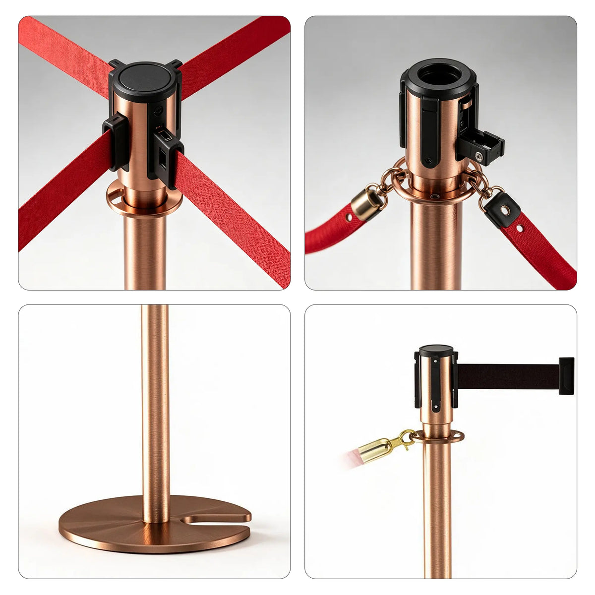 GROVIA Retractable Belt Barrier Post - 2m Belt Stanchion with Brushed Finish & U-Shaped Cast Iron Base for Queue Management - Rose Gold