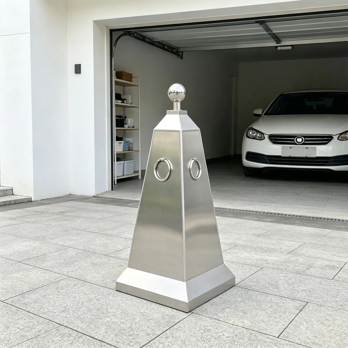 GROVIA Heavy-Duty Stainless Steel Traffic Cone - 70cm Brushed Finish Barrier Bollard with Ball Top for Entrances & Public Areas - Silver