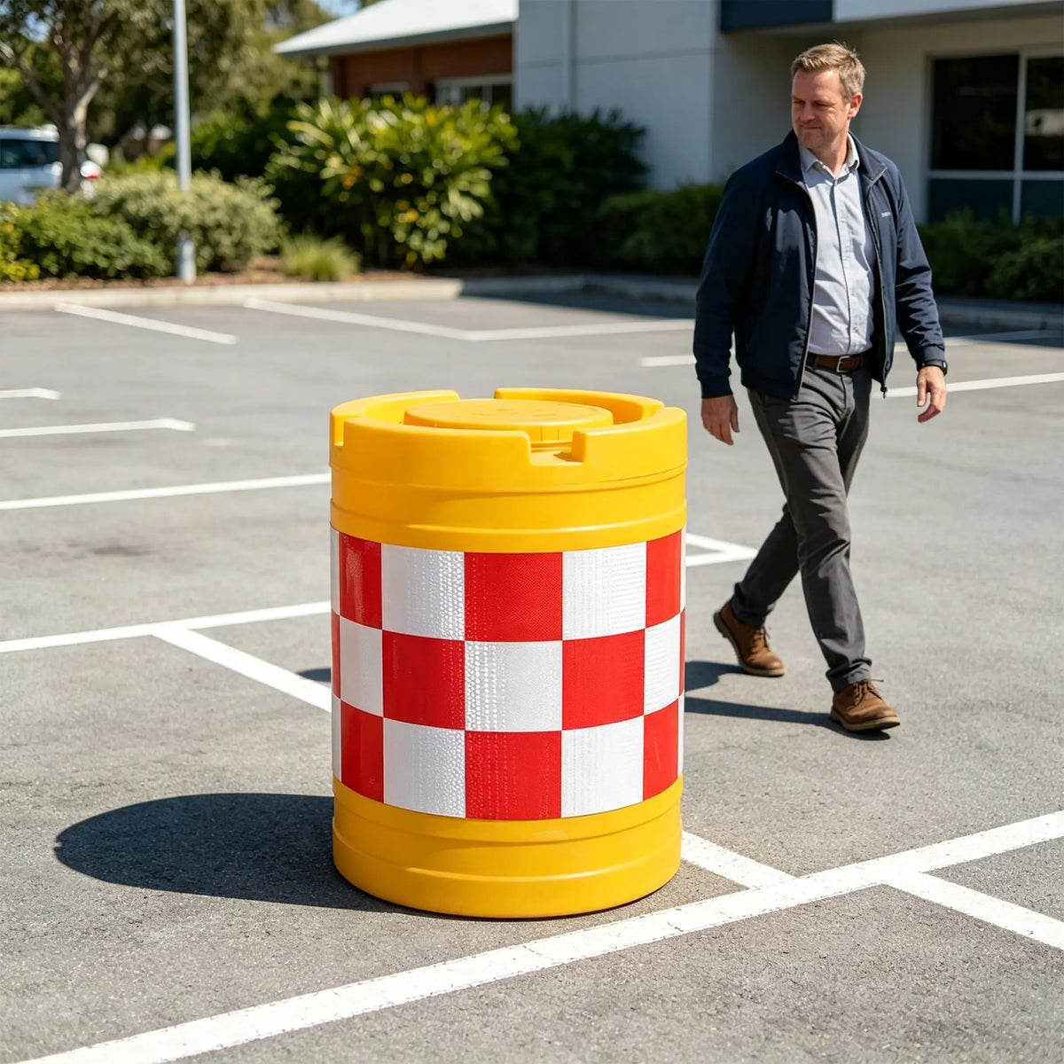 GROVIA Water Filled Traffic Safety Barrel - 92cm Rotomoulded Plastic Barrier with Reflective Strips for Roadworks & Traffic Control - Yellow