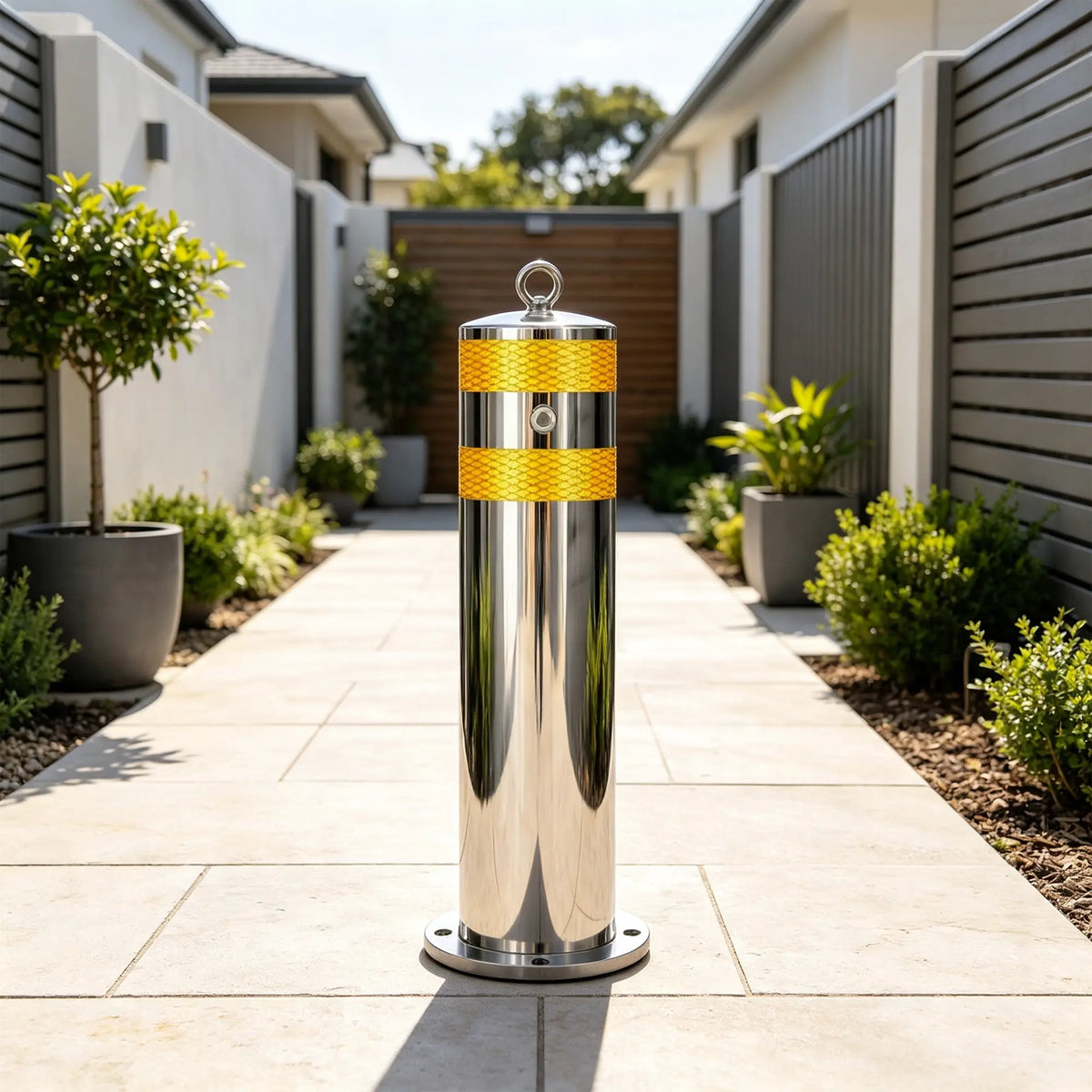 GROVIA Stainless Steel Removable Safety Bollard - 60cm Height 219mm Diameter with Reflective Strips & In-Ground Base for Traffic Control - Silver