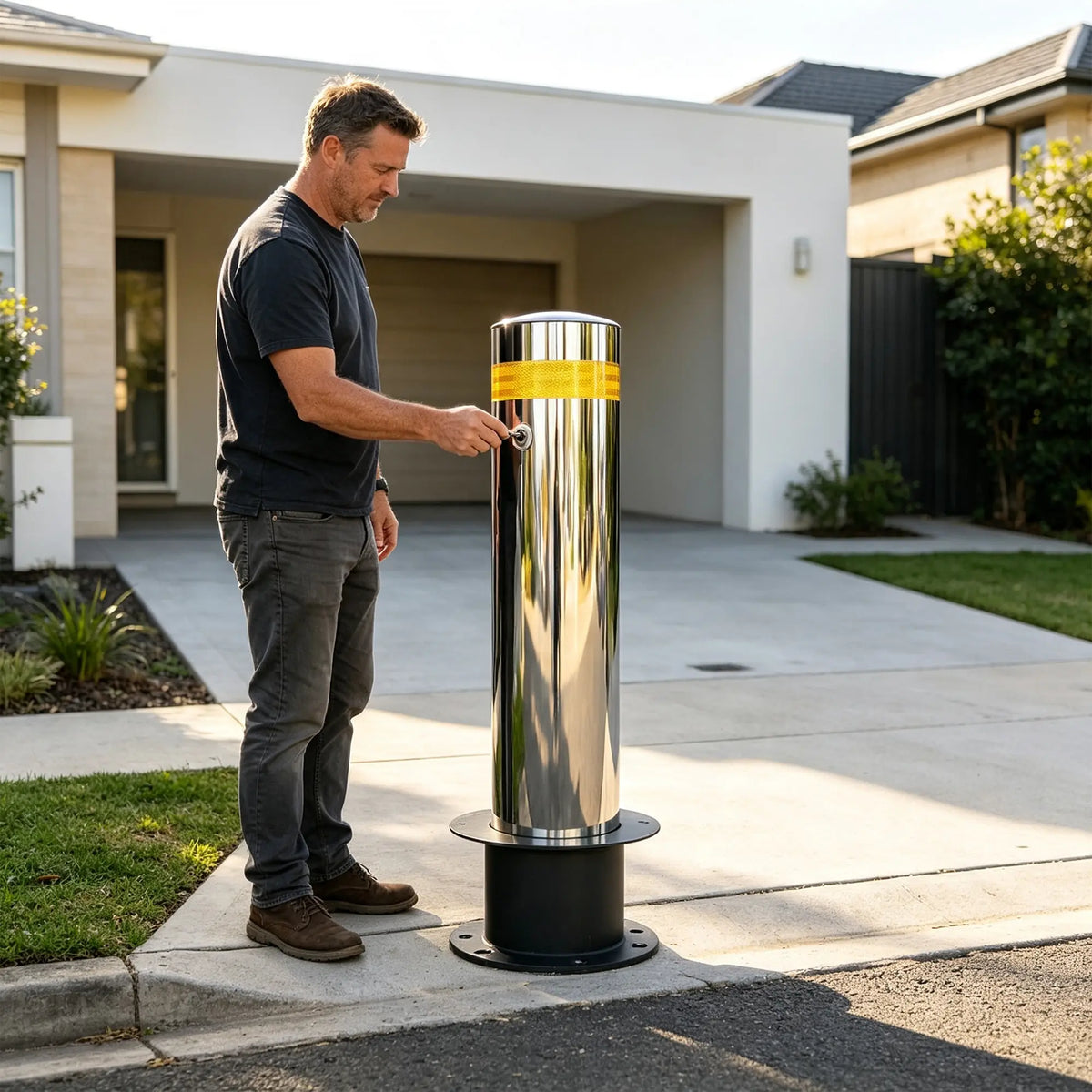 GROVIA Stainless Steel Safety Bollard - 60cm Height 219mm Diameter with Reflective Strip & In-Ground Base for Traffic Control - Silver
