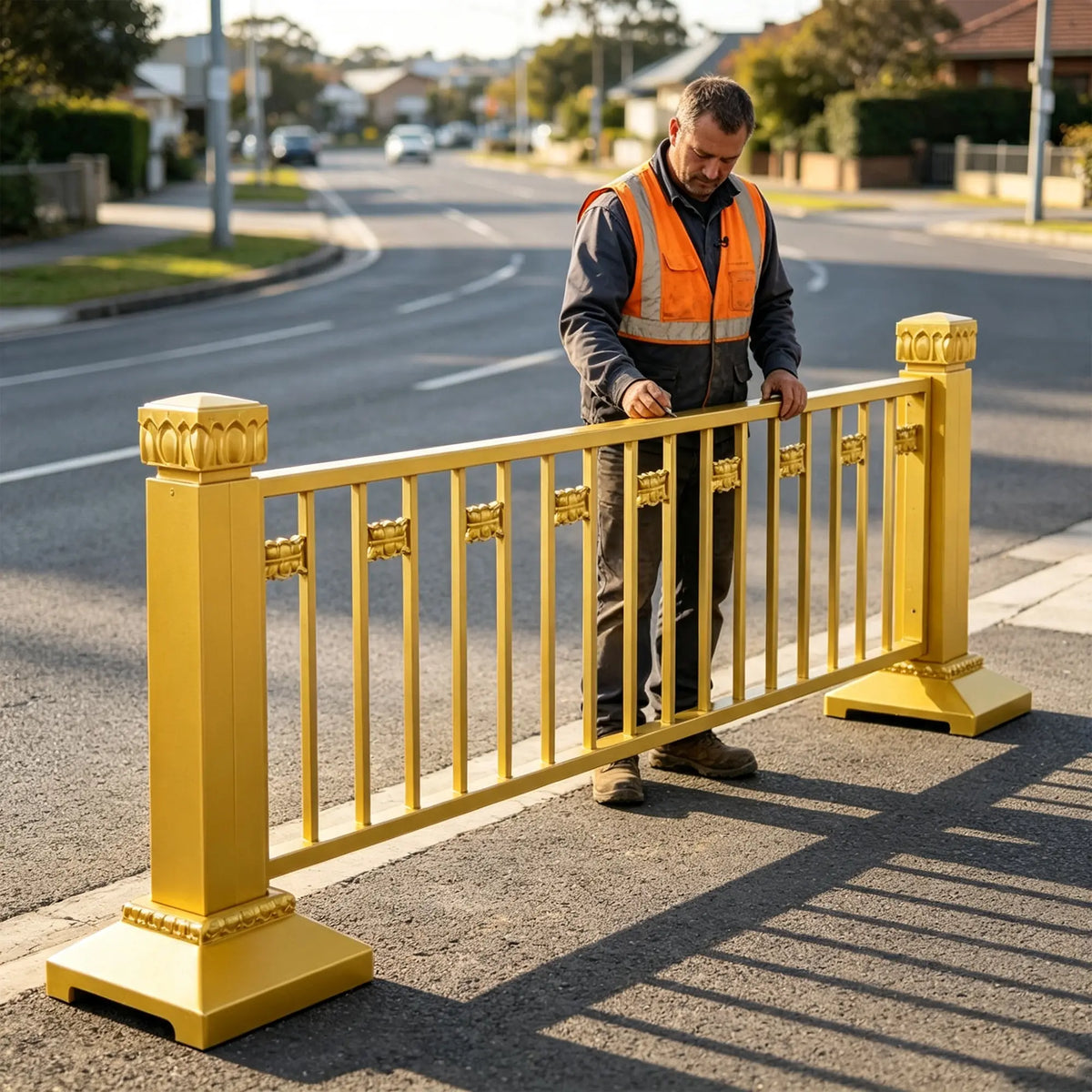 GROVIA Decorative Gold Road Safety Barrier - 3.1m Long 1.2m High Modular Fence with Stable Bases for Public Areas & Traffic Control - Gold