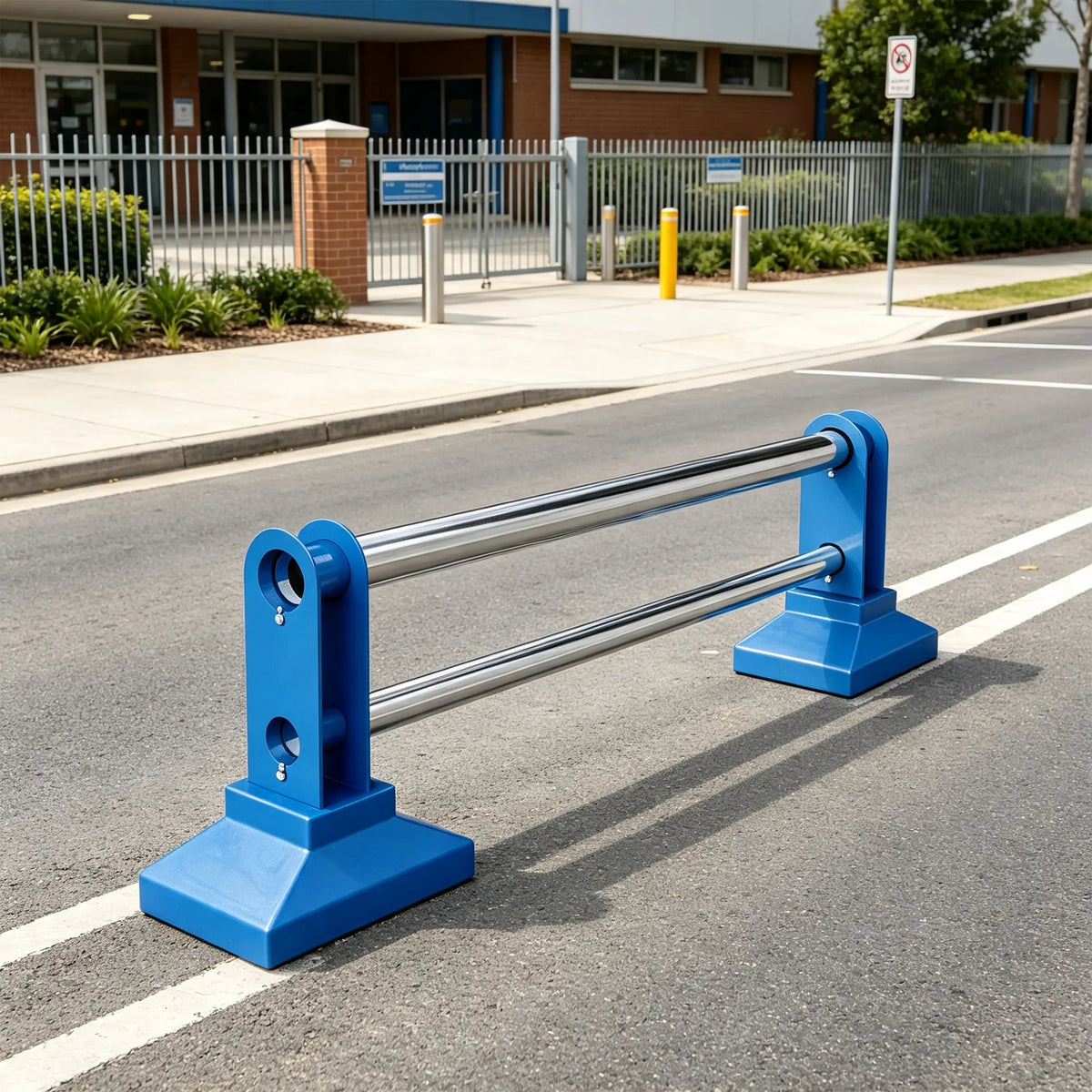 GROVIA Stainless Steel Road Safety Barrier - 60cm High Modular Fence with Dual Rails & Stable Bases for Traffic & Pedestrian Control - Blue & Silver