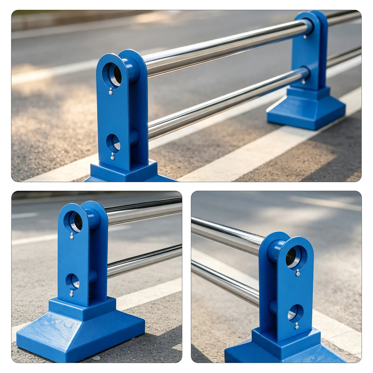 GROVIA Stainless Steel Road Safety Barrier - 60cm High Modular Fence with Dual Rails & Stable Bases for Traffic & Pedestrian Control - Blue & Silver