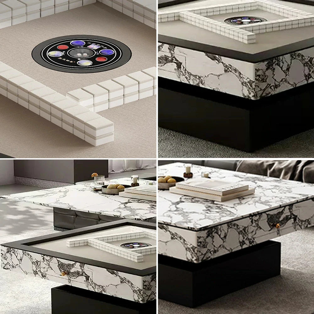 HEXJON Lift-Top Rock-Textured with Drawers Convertible Table Storage - Automatic - Mahjong Design White&Black