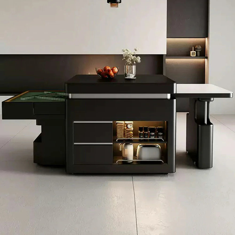 HEXJON Extendable Island 140-220CM Mahjong - Design - Dining Convertible Storage White Table Automatic with Lift-Top Black