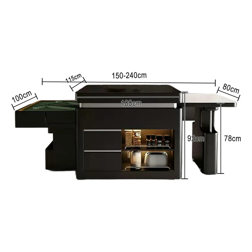 HEXJON Extendable Island 140-220CM Mahjong - Design - Dining Convertible Storage White Table Automatic with Lift-Top Black