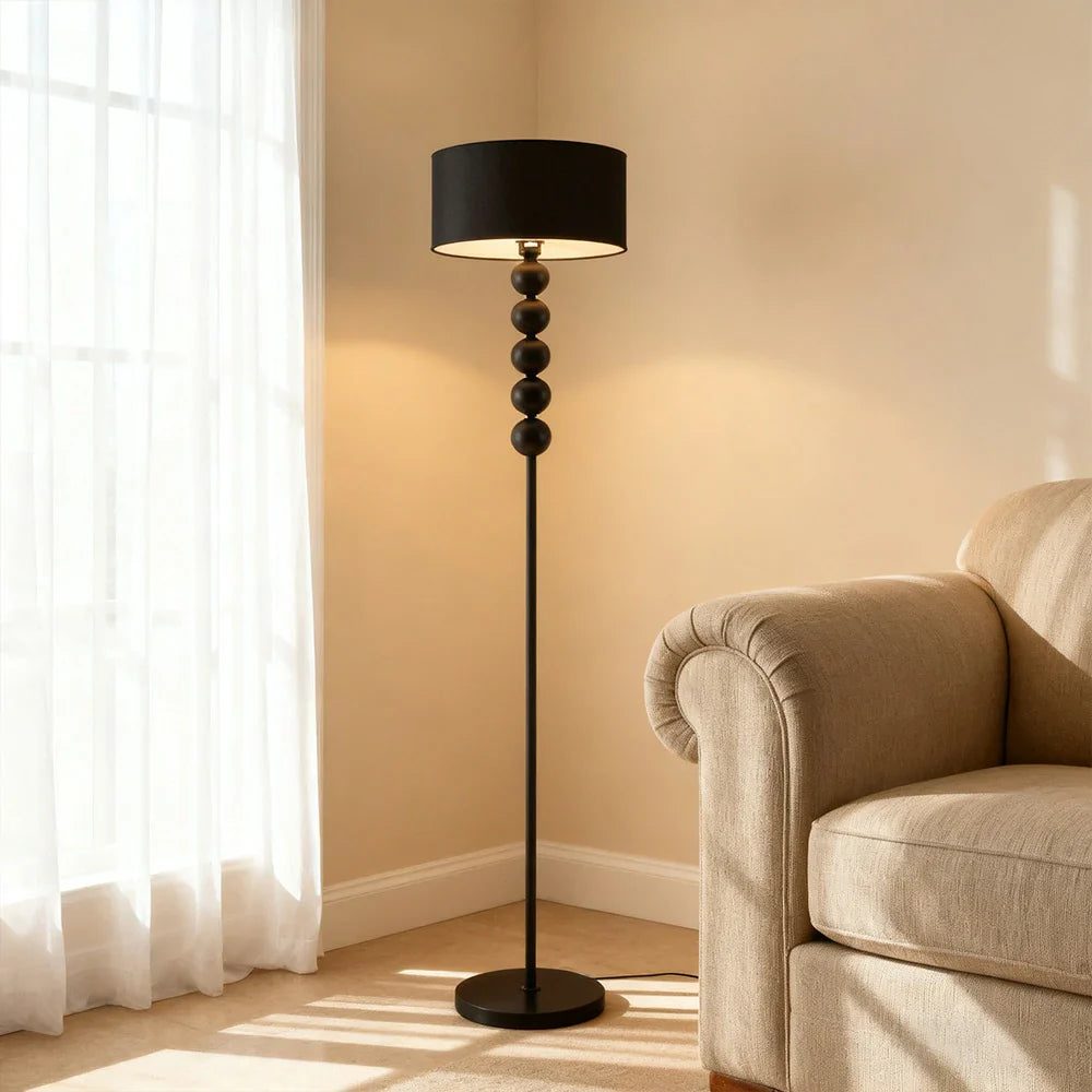 LIVARA 5W/7W/12W Three-Color Floor Lamp with Full-Spectrum Eye-Protection Light, Fabric Shade, Dimmable E27 Bulb & Black Iron Base - Black