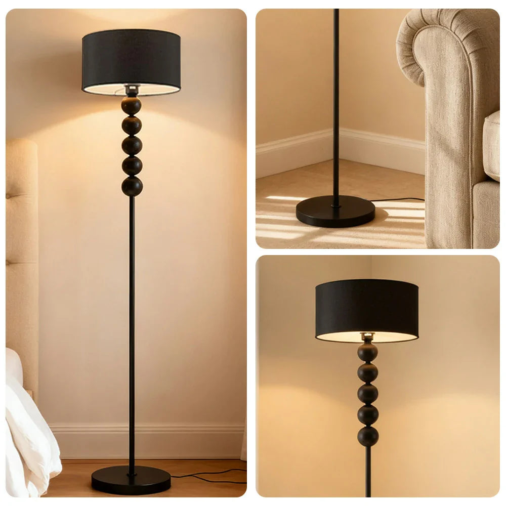 LIVARA 5W/7W/12W Three-Color Floor Lamp with Full-Spectrum Eye-Protection Light, Fabric Shade, Dimmable E27 Bulb & Black Iron Base - Black
