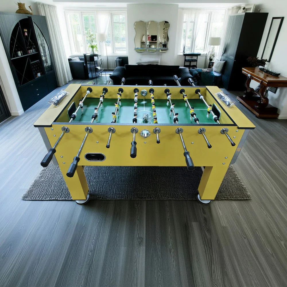 KICKSY 5FT Game - Smooth Table Playfield, Table, with Finish Hollow Cup Soccer Foosball Indoor MDF Bars, Steel Holder, Chrome Wood Grain Side Rod Yellow