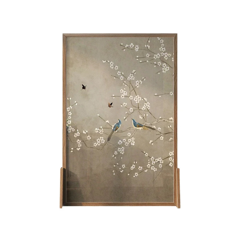 LIVARA Asian Elegant Home Mongolian Wood Design,Ash Divider, Wood Solid Pine Blossom Plum Style Bird Frame, Room Decor