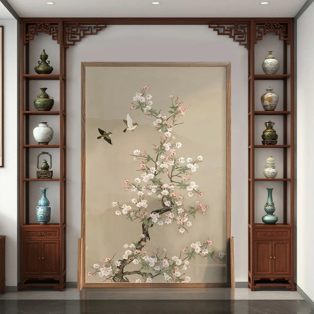 LIVARA Asian Divider, Pine No Home Wood Solid Elegant Cutout, Mongolian Style Ash Design, Floral Frame, Wood Room Bird Decor