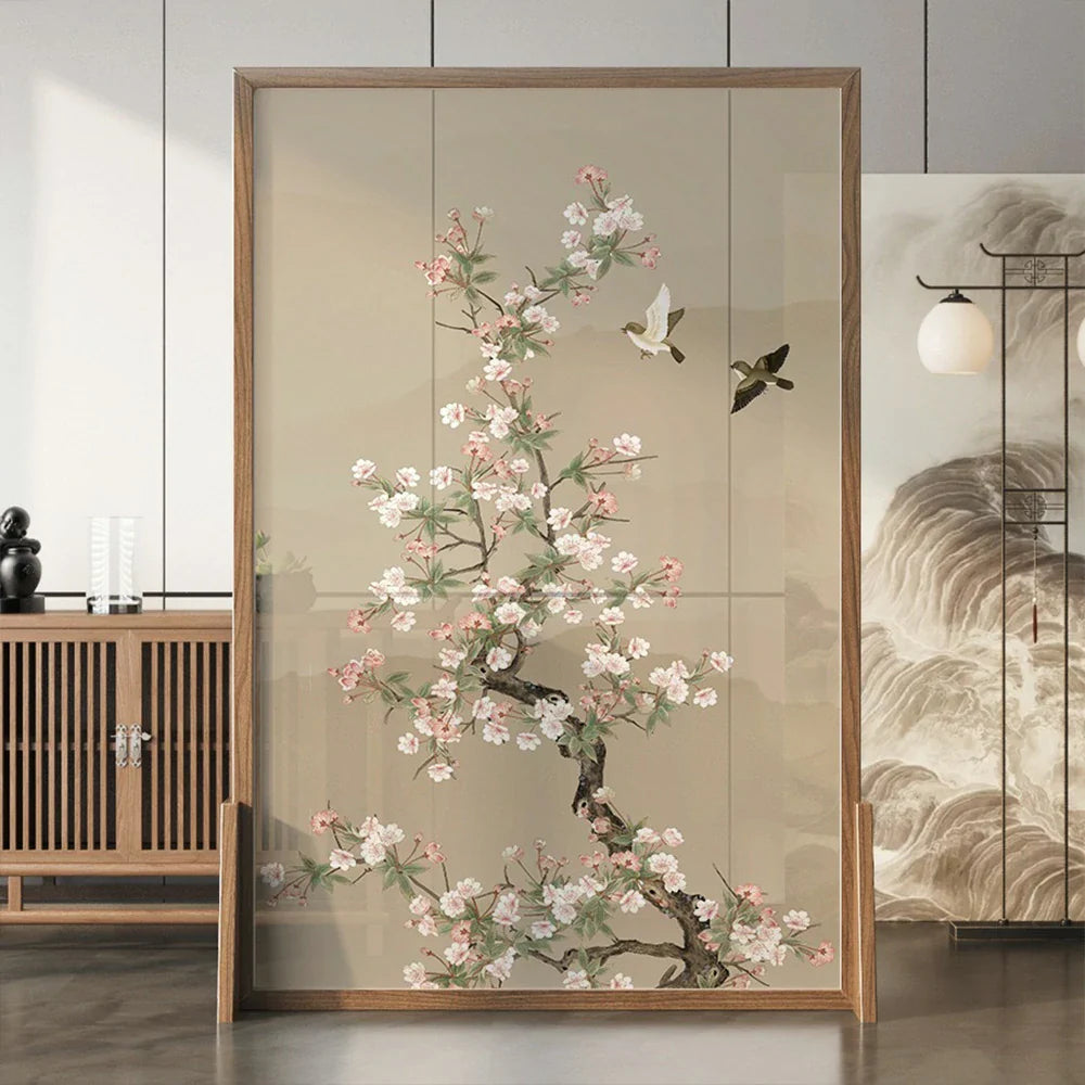 LIVARA Asian Divider, Pine No Home Wood Solid Elegant Cutout, Mongolian Style Ash Design, Floral Frame, Wood Room Bird Decor