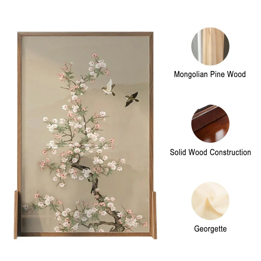 LIVARA Asian Divider, Pine No Home Wood Solid Elegant Cutout, Mongolian Style Ash Design, Floral Frame, Wood Room Bird Decor