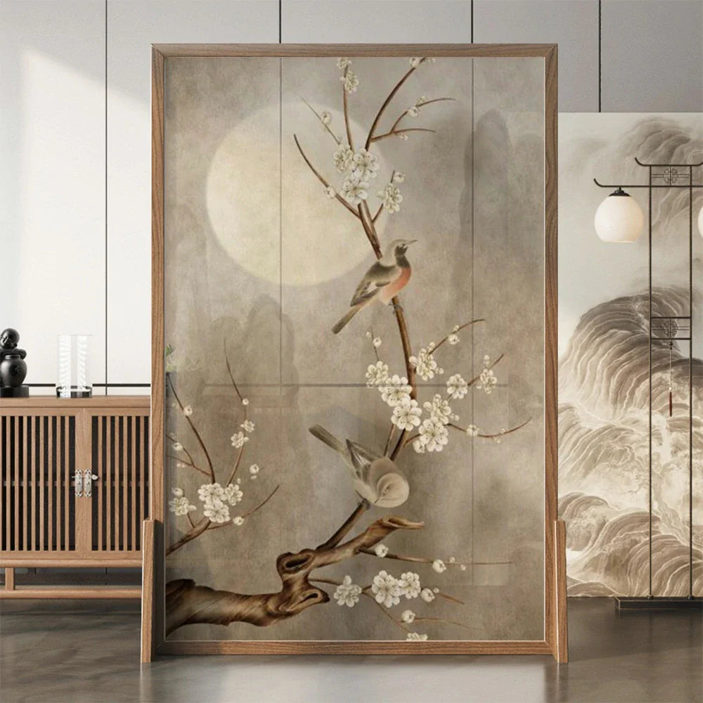 LIVARA Asian Ash Floral Pine Bird Room Solid Style Moonlit Divider, Design, Mongolian Wood Frame