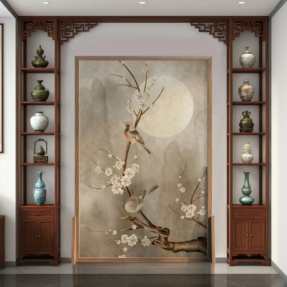 LIVARA Asian Ash Floral Pine Bird Room Solid Style Moonlit Divider, Design, Mongolian Wood Frame