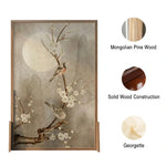 LIVARA Asian Ash Floral Pine Bird Room Solid Style Moonlit Divider, Design, Mongolian Wood Frame