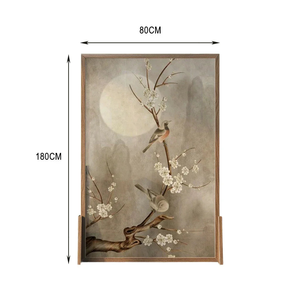 LIVARA Asian Ash Floral Pine Bird Room Solid Style Moonlit Divider, Design, Mongolian Wood Frame