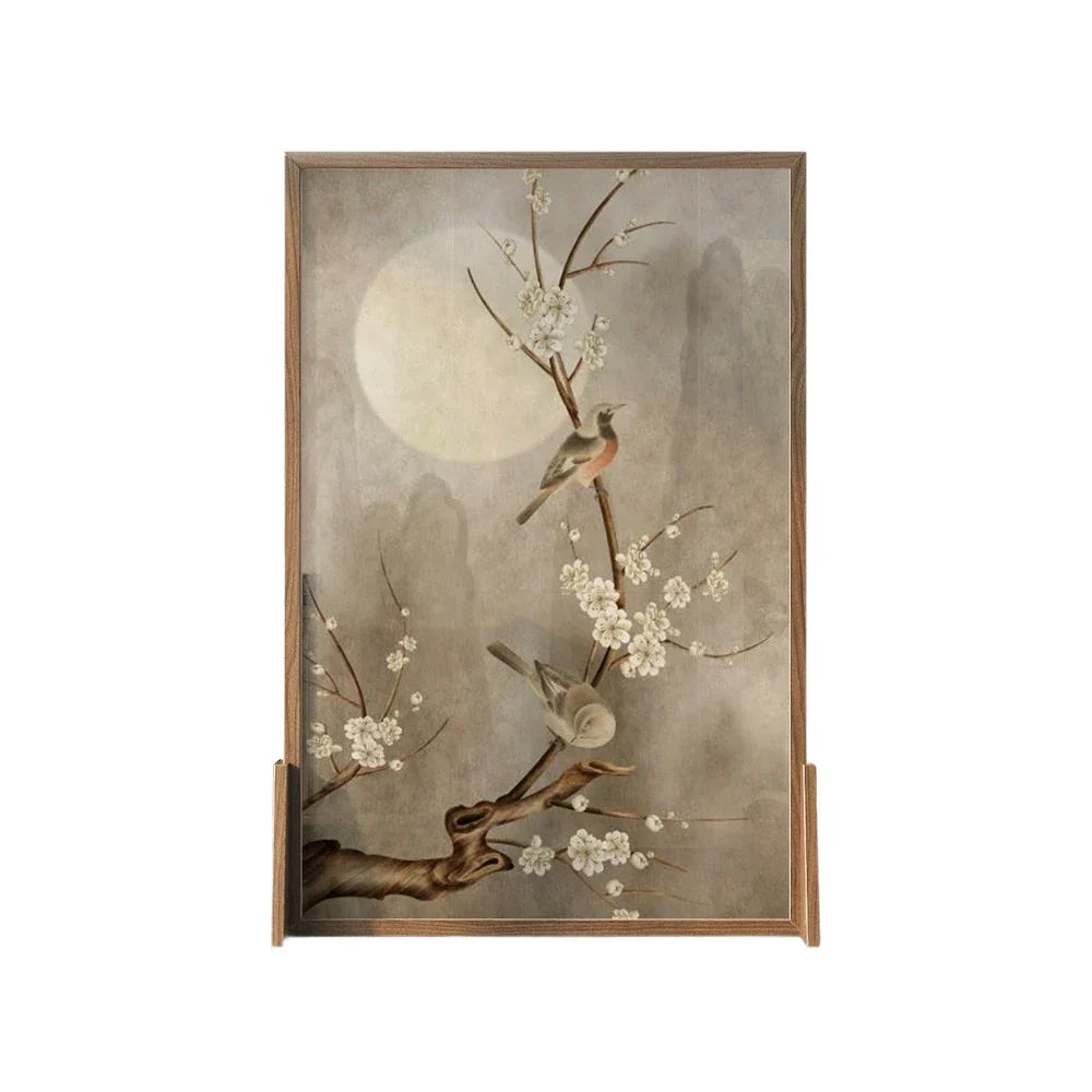 LIVARA Asian Ash Floral Pine Bird Room Solid Style Moonlit Divider, Design, Mongolian Wood Frame