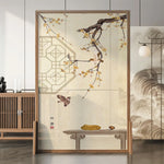 LIVARA Oriental Blossom Design, Divider, Plum Pine Wood Style Mongolian Bird Room Solid Ash Frame