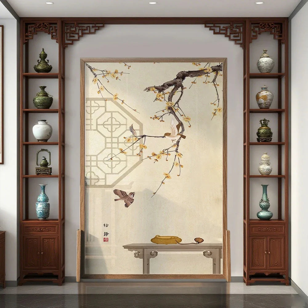 LIVARA Oriental Blossom Design, Divider, Plum Pine Wood Style Mongolian Bird Room Solid Ash Frame