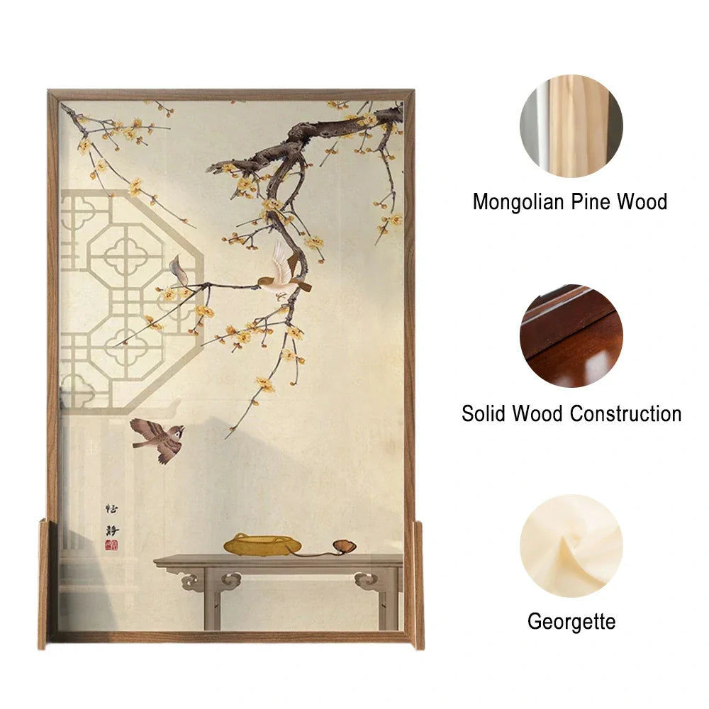 LIVARA Oriental Blossom Design, Divider, Plum Pine Wood Style Mongolian Bird Room Solid Ash Frame