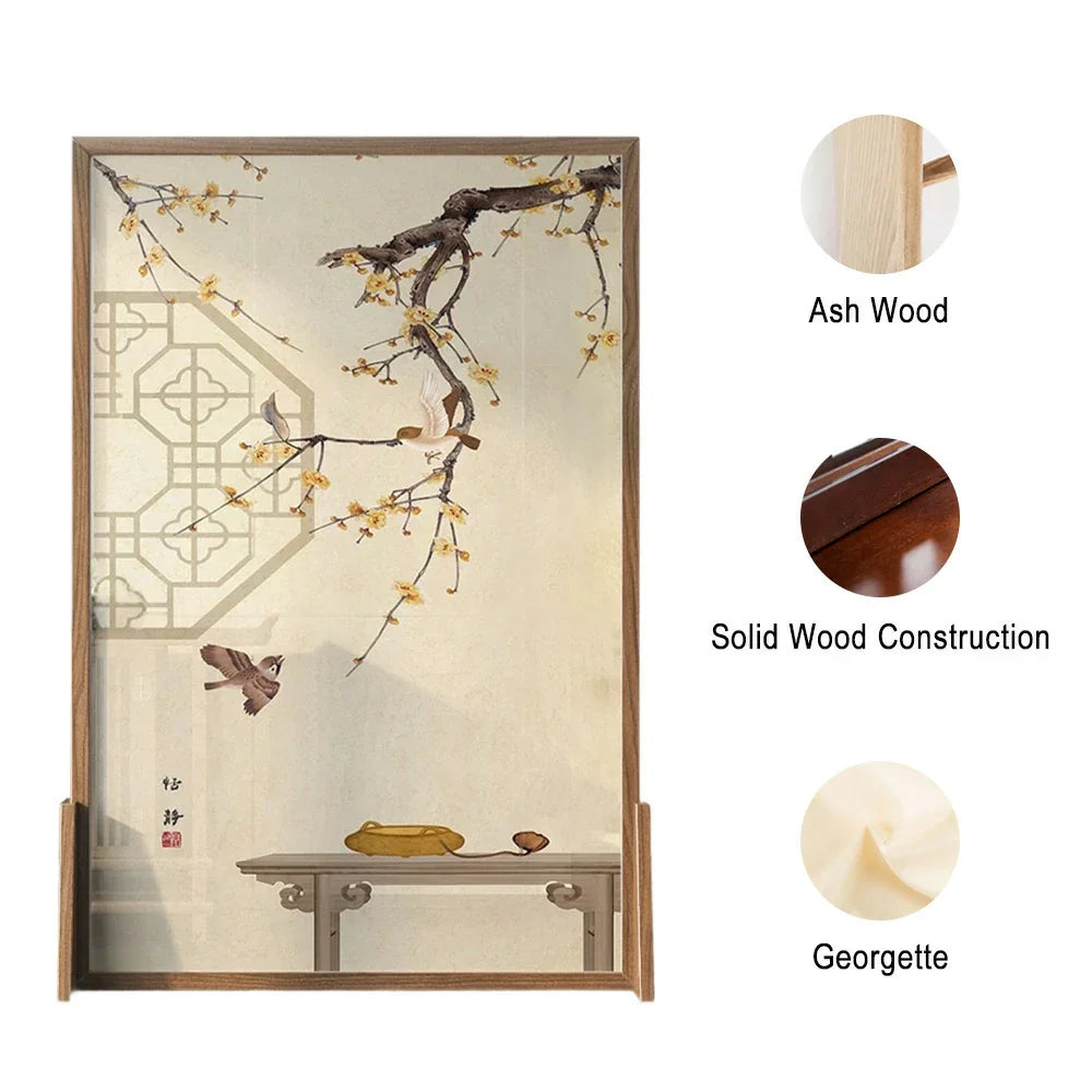 LIVARA Oriental Blossom Design, Divider, Plum Pine Wood Style Mongolian Bird Room Solid Ash Frame