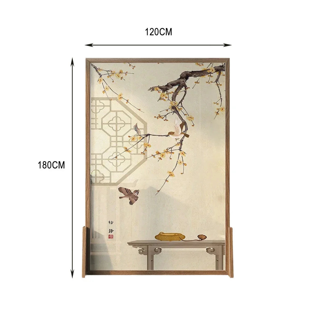 LIVARA Oriental Blossom Design, Divider, Plum Pine Wood Style Mongolian Bird Room Solid Ash Frame