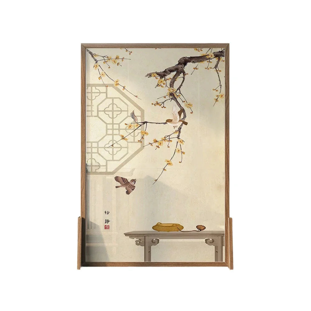 LIVARA Oriental Blossom Design, Divider, Plum Pine Wood Style Mongolian Bird Room Solid Ash Frame
