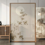 LIVARA Asian Screen, Moonlit Bamboo Wood No Cutout, Mongolian Style Privacy Ash Pine Shadow Design, Solid Frame