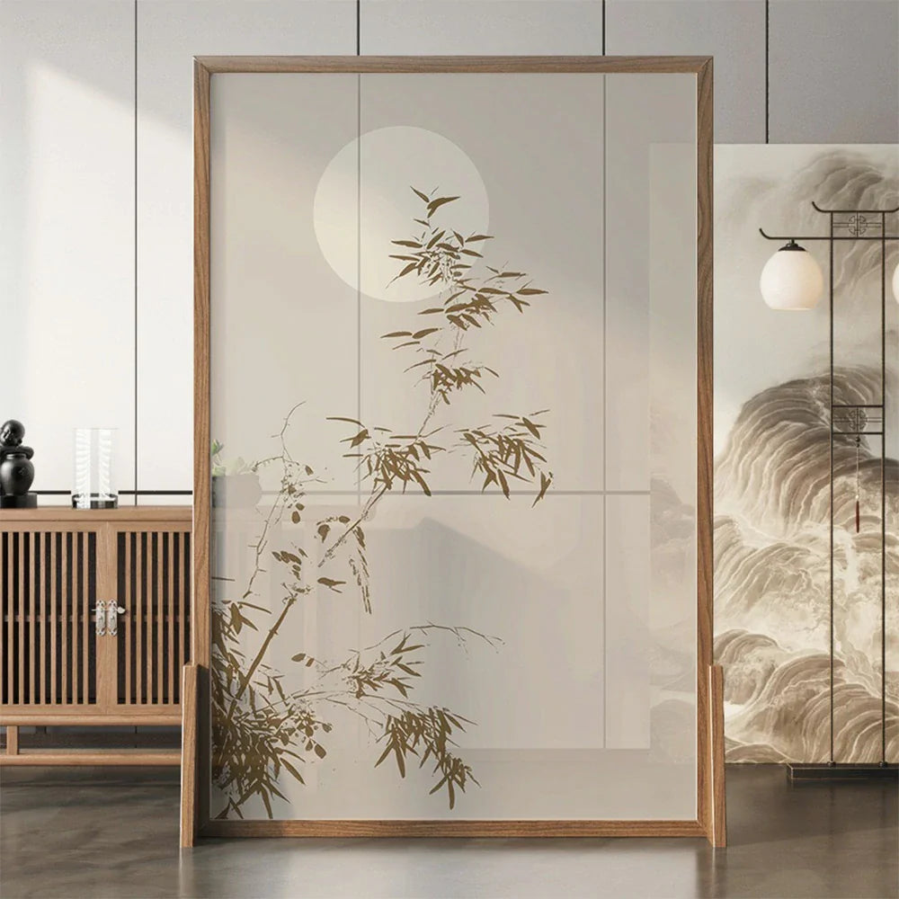 LIVARA Asian Screen, Moonlit Bamboo Wood No Cutout, Mongolian Style Privacy Ash Pine Shadow Design, Solid Frame