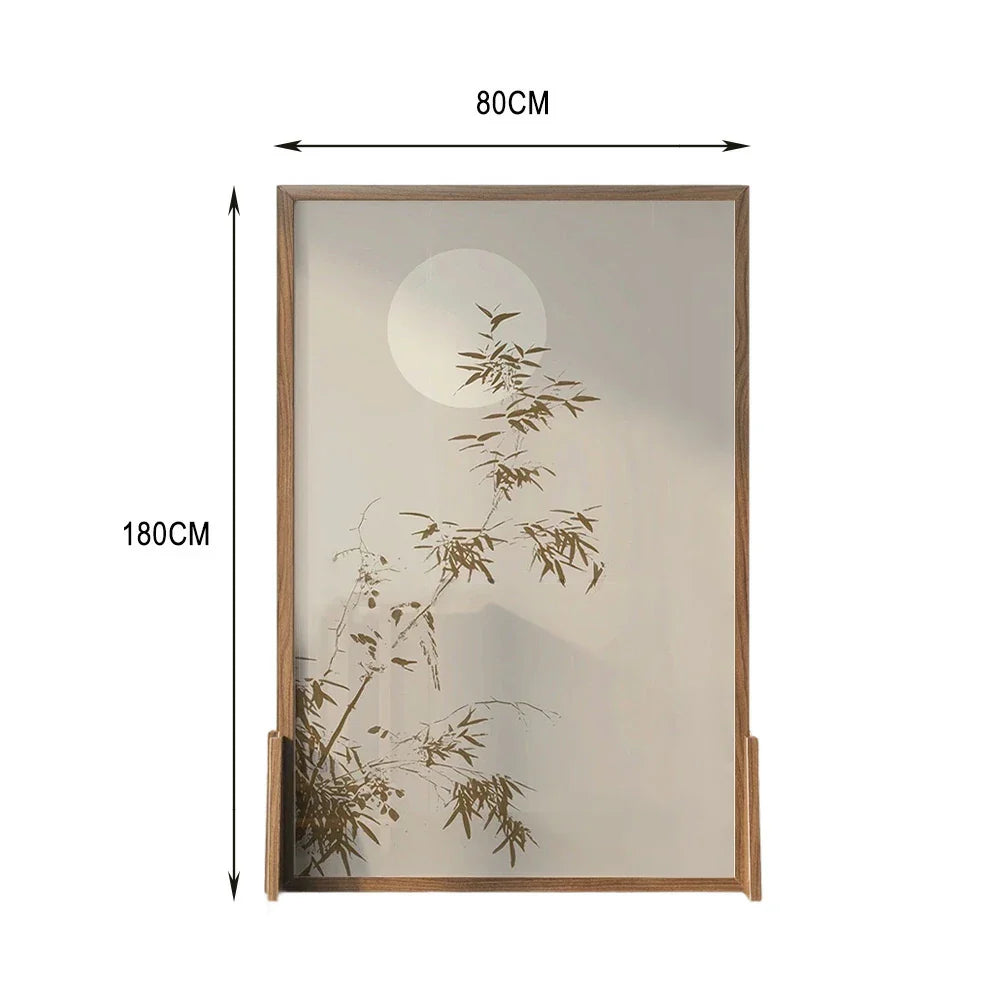 LIVARA Asian Screen, Moonlit Bamboo Wood No Cutout, Mongolian Style Privacy Ash Pine Shadow Design, Solid Frame