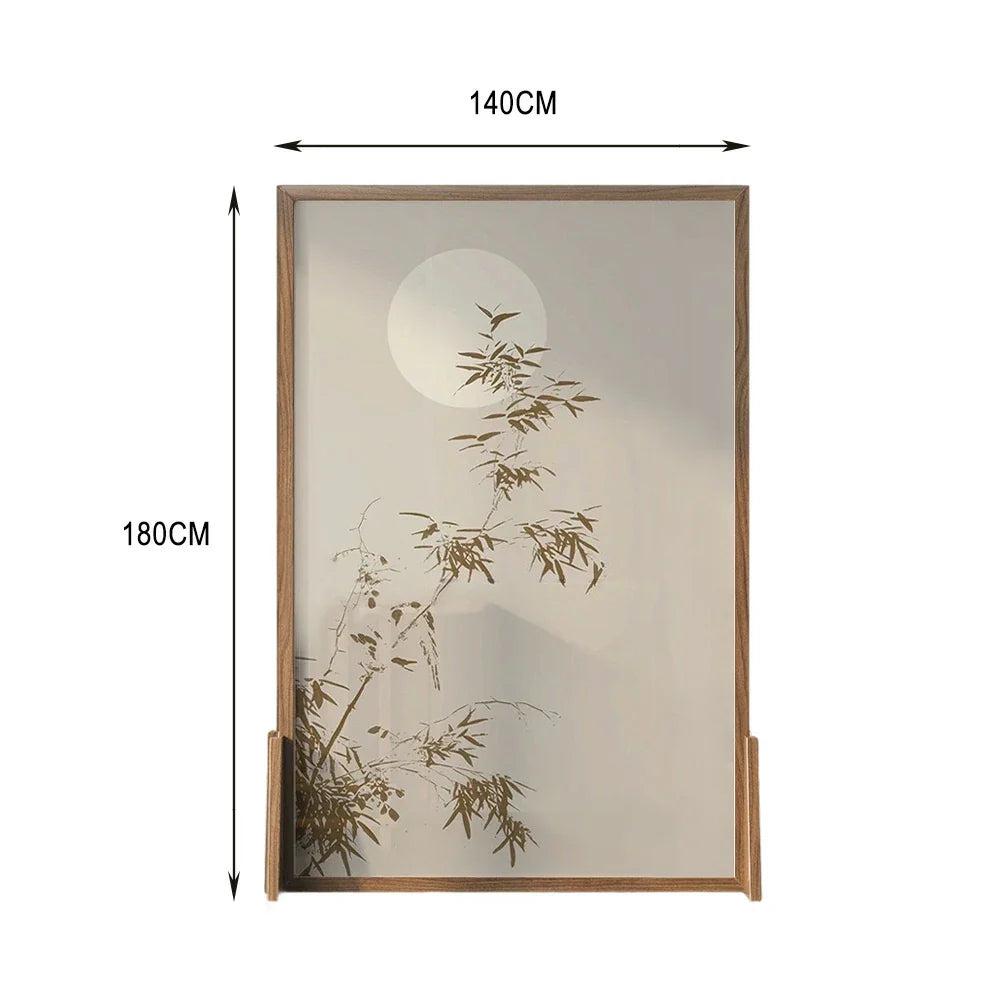 LIVARA Asian Screen, Moonlit Bamboo Wood No Cutout, Mongolian Style Privacy Ash Pine Shadow Design, Solid Frame