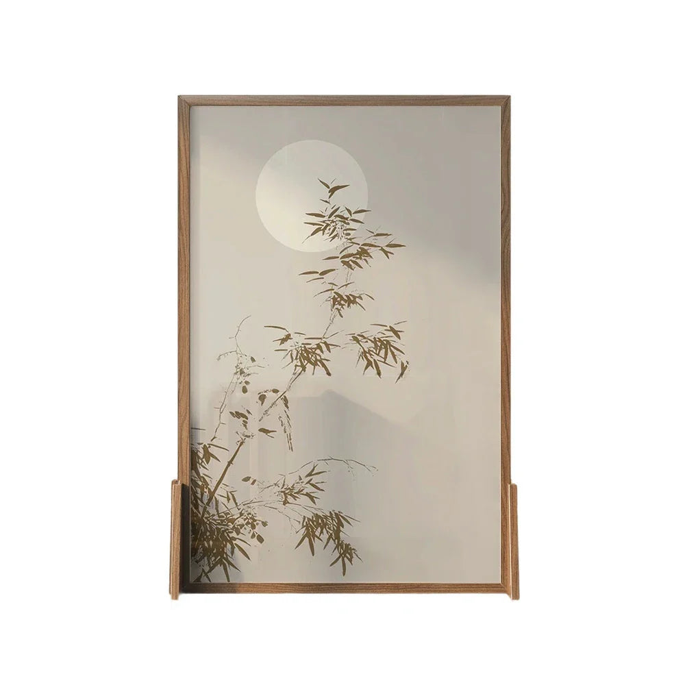LIVARA Asian Screen, Moonlit Bamboo Wood No Cutout, Mongolian Style Privacy Ash Pine Shadow Design, Solid Frame