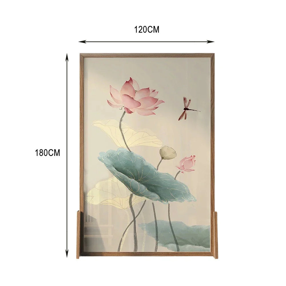 LIVARA Oriental Style Pine Ash Mongolian Home Room Lotus Design, Frame, Elegant Solid Wood Dragonfly Divider, Wood Flower Decor