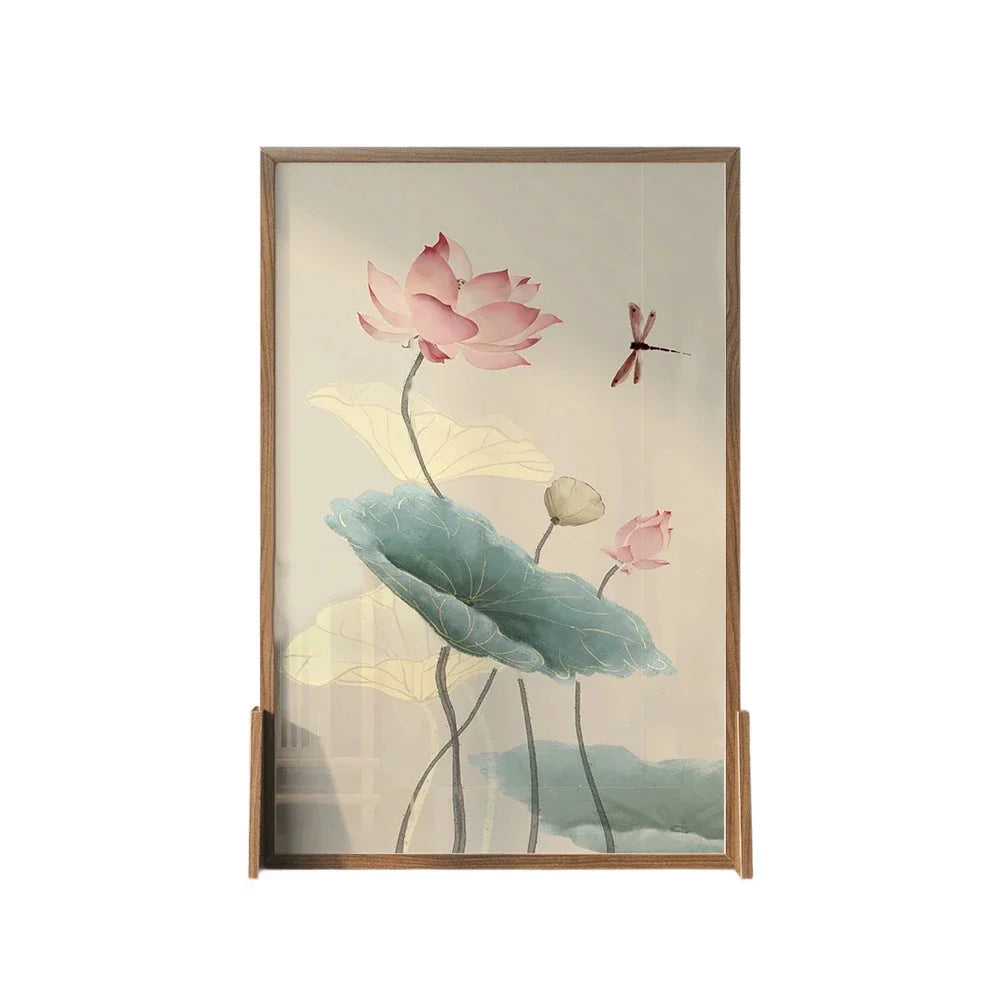 LIVARA Oriental Style Pine Ash Mongolian Home Room Lotus Design, Frame, Elegant Solid Wood Dragonfly Divider, Wood Flower Decor