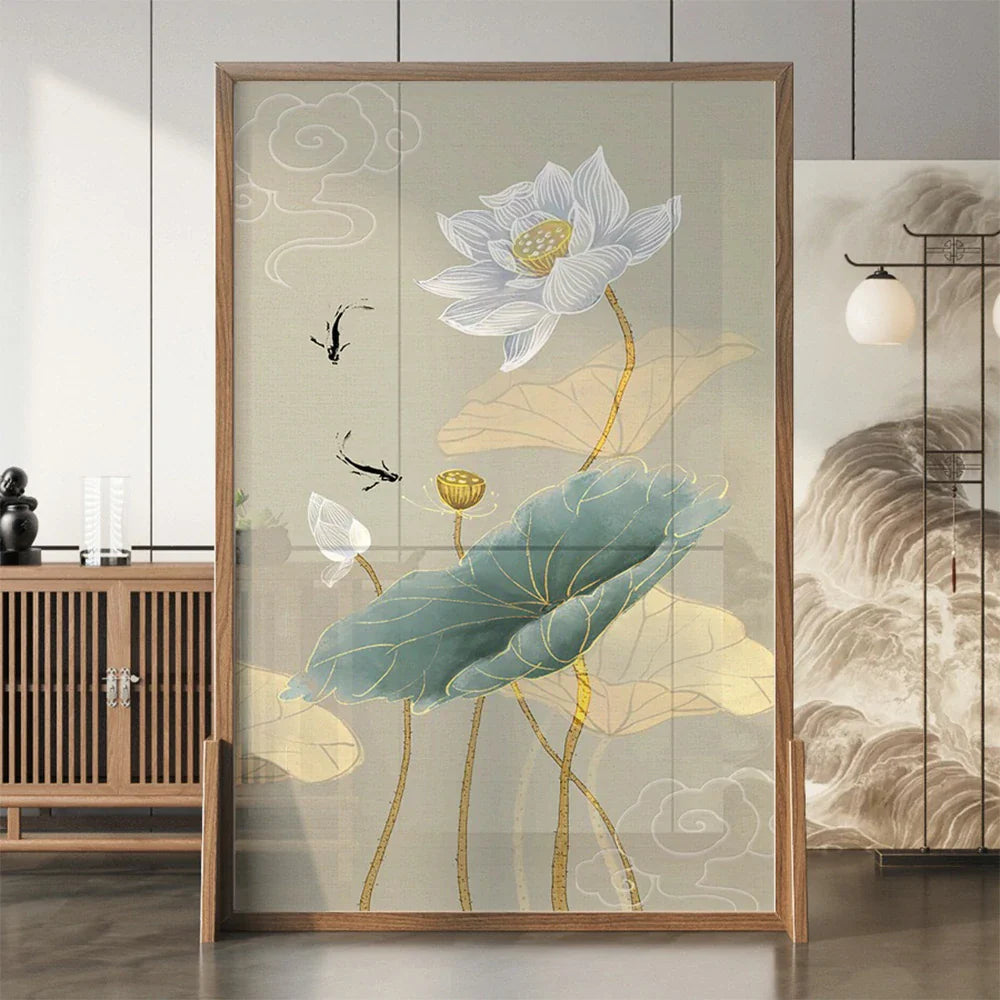LIVARA Oriental Ash Solid Mongolian Pine Cutout, Style Wood Room Divider, Lotus Wood Fish Design, No Frame