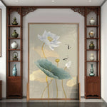 LIVARA Oriental Ash Solid Mongolian Pine Cutout, Style Wood Room Divider, Lotus Wood Fish Design, No Frame