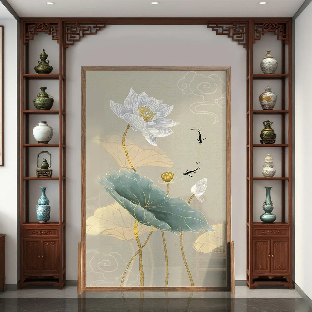 LIVARA Oriental Ash Solid Mongolian Pine Cutout, Style Wood Room Divider, Lotus Wood Fish Design, No Frame