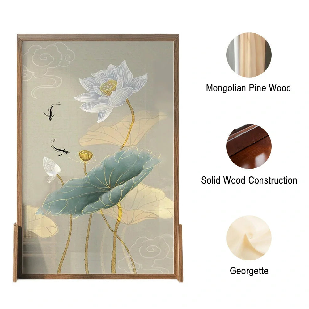 LIVARA Oriental Ash Solid Mongolian Pine Cutout, Style Wood Room Divider, Lotus Wood Fish Design, No Frame