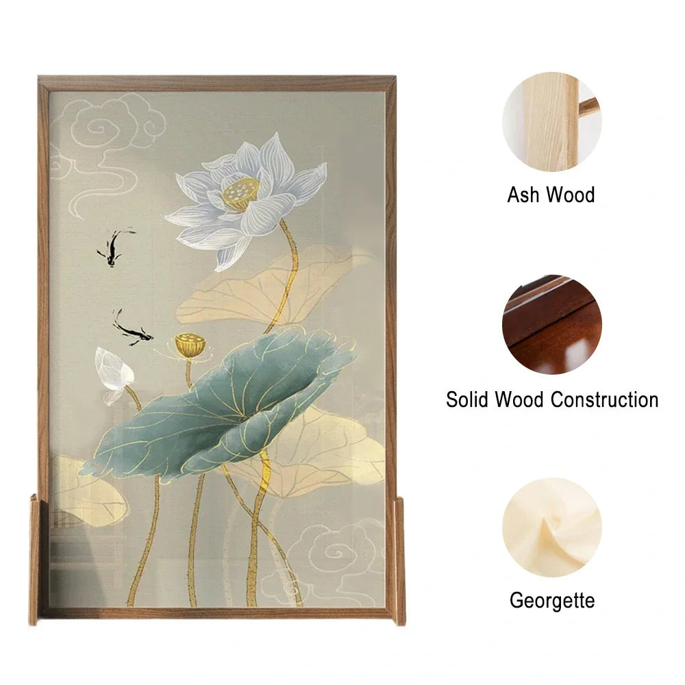 LIVARA Oriental Ash Solid Mongolian Pine Cutout, Style Wood Room Divider, Lotus Wood Fish Design, No Frame