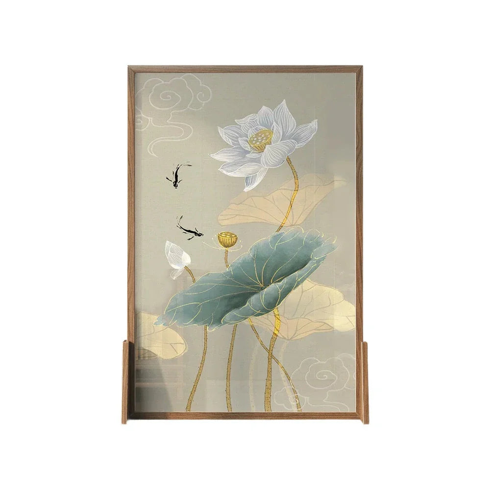LIVARA Oriental Ash Solid Mongolian Pine Cutout, Style Wood Room Divider, Lotus Wood Fish Design, No Frame